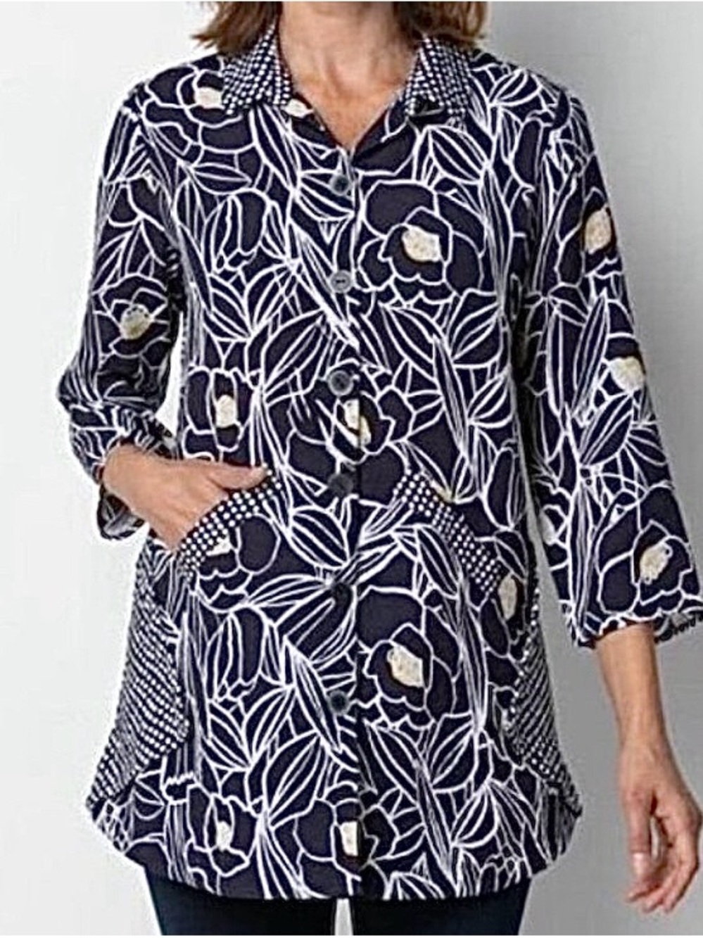 Habitat Navy & White Floral Button-Front Tunic with Pockets Size M